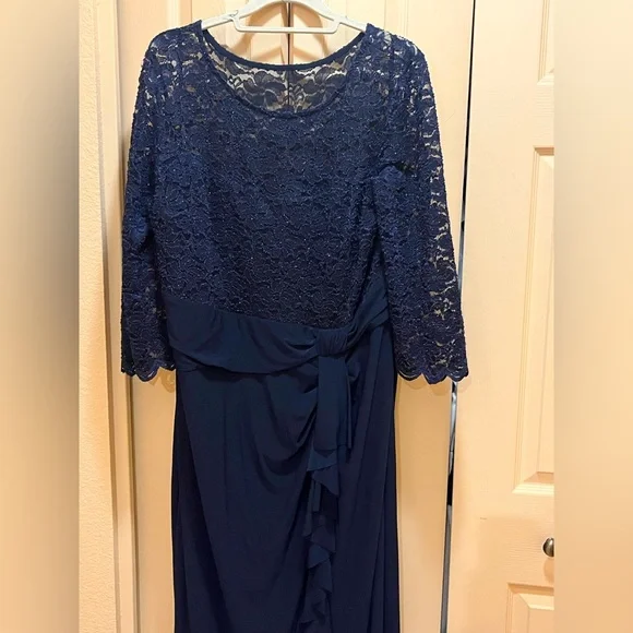 Marina evening formal dress. Cascade ruffle, lace sparkle bodice. Navy blue. 22 - Picture 3 of 16